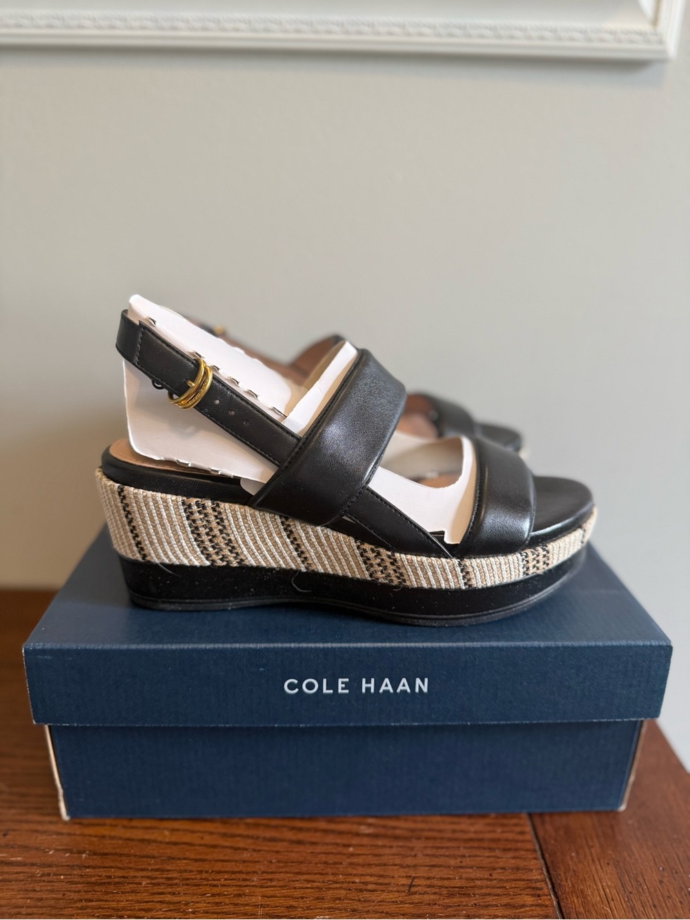 Cole Haan Black Leather Wedge Sandals